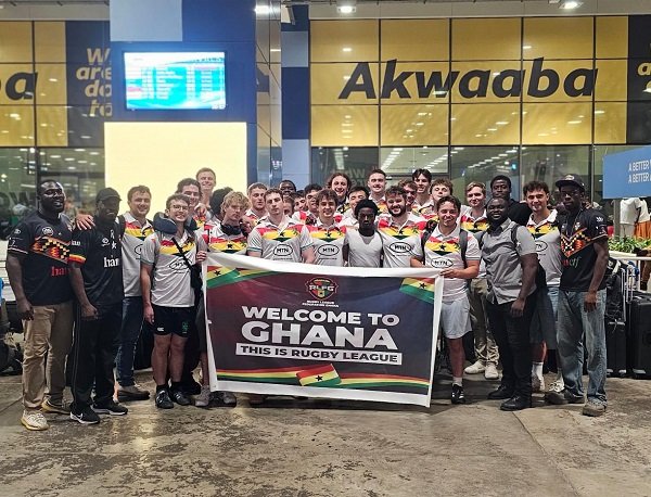 Members of the Cambridge University RLFC on arrival at the Accra International Airport
