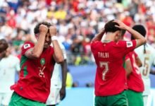 Morocco's midfielder #24 Neil El Aynaoui reacts to a missed chance during the 2026 World Cup football tournament quarter-final match between France and Morocco at Boston Stadium in Foxborough on July 9, 2026. (Photo by FRANCK FIFE / AFP)