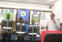 Alhaji Muntaka Mohammed-Mubarak, (right) outdooring the NIA biometric verification implementation taskforce at the press briefing. Photo Ebo Gorman