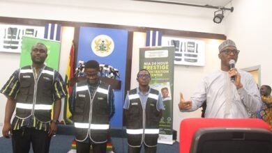 Alhaji Muntaka Mohammed-Mubarak, (right) outdooring the NIA biometric verification implementation taskforce at the press briefing. Photo Ebo Gorman
