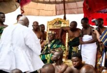 Okyenhene blames attitude for flood crisis------Chief of Staff, Mr Julius Debrah paying homage to Okyenhene, Osagyefo Amoatia Ofori Panin