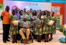 Dr. Okediran (standing left), and Professor Ladé Wosornu (seated) with the students after the programme