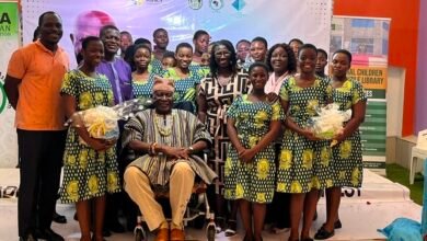 Dr. Okediran (standing left), and Professor Ladé Wosornu (seated) with the students after the programme