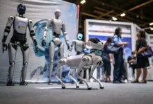 Robots stand on display during the AI for Good Global Summit in Geneva