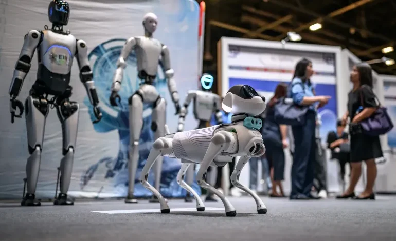 Robots stand on display during the AI for Good Global Summit in Geneva