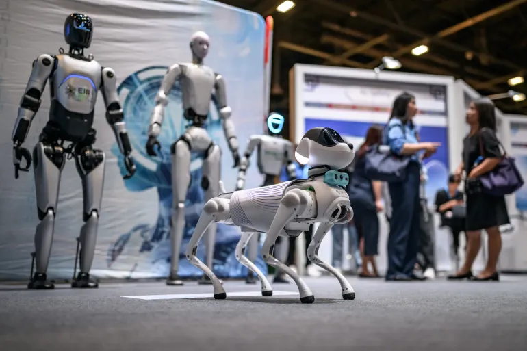 Robots stand on display during the AI for Good Global Summit in Geneva