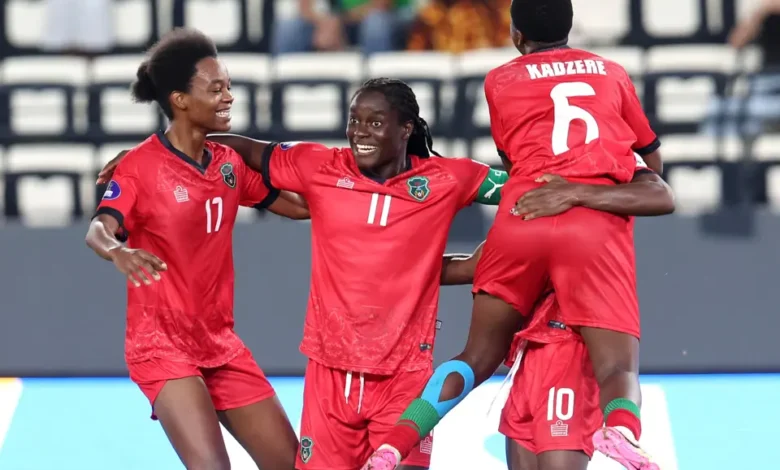 Tabitha Chawinga celebrates her opener with teammates