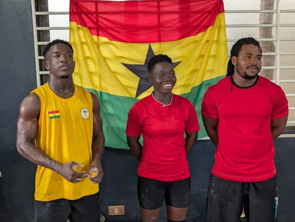 The weightlifting team from left Emmanuel Amo Boateng (71kg), Yayra Akos Agozi(58kg) and Abdul Salim Adjei Adjetey (110kg)