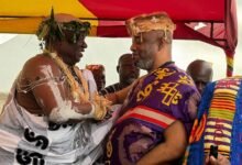 Nana Kwadwo Conduah VI (left) welcoming Ga Mantse, King Tackie Teiko Tsuru II at the ceremony