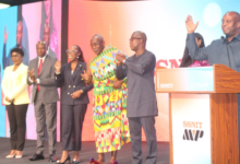 Mr Thomas Nyarko Ampem (right) Deputy Finance Minister, Mr Afreh Biney (second from right), Ms Osei-Poku (fourth from left), Nana Ansah Sasraku III (third from right) and other guests launching the SSNIT MVP. Photo. Ebo G