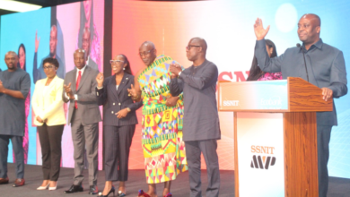 Mr Thomas Nyarko Ampem (right) Deputy Finance Minister, Mr Afreh Biney (second from right), Ms Osei-Poku (fourth from left), Nana Ansah Sasraku III (third from right) and other guests launching the SSNIT MVP. Photo. Ebo G