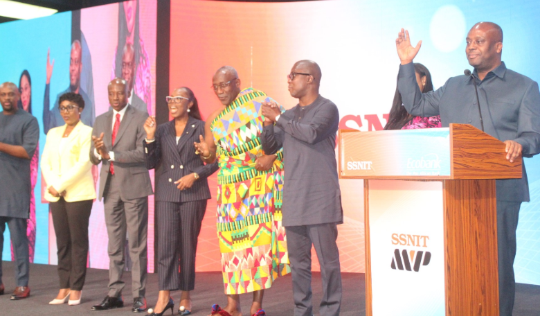 Mr Thomas Nyarko Ampem (right) Deputy Finance Minister, Mr Afreh Biney (second from right), Ms Osei-Poku (fourth from left), Nana Ansah Sasraku III (third from right) and other guests launching the SSNIT MVP. Photo. Ebo G