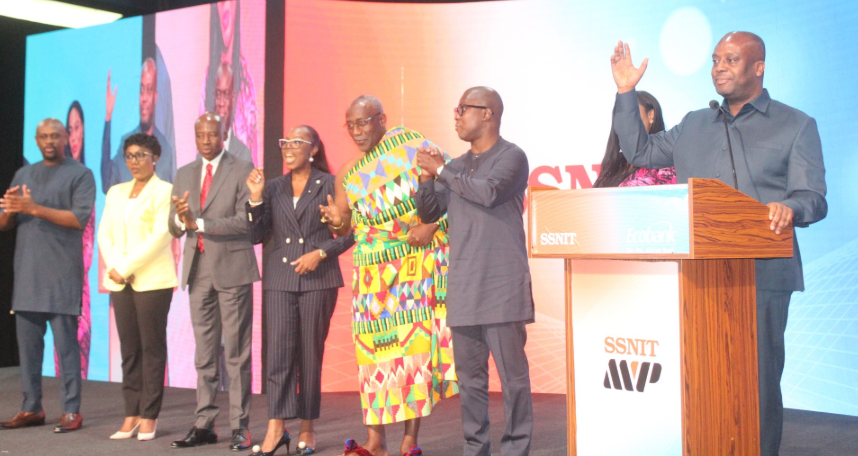 Mr Thomas Nyarko Ampem (right) Deputy Finance Minister, Mr Afreh Biney (second from right), Ms Osei-Poku (fourth from left), Nana Ansah Sasraku III (third from right) and other guests launching the SSNIT MVP. Photo. Ebo G