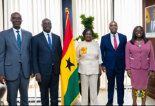 Vice President Professor Opoku-Agyemang (third from right) with Dr Cassiel Ato Forson (second from left), Mr Nyarko Ampem (second from right) and other MoF officials after the visit.