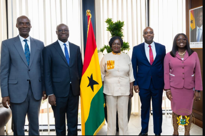 Vice President Professor Opoku-Agyemang (third from right) with Dr Cassiel Ato Forson (second from left), Mr Nyarko Ampem (second from right) and other MoF officials after the visit.