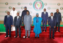 Nigeria's President, Bola Ahmed Tinubu, (fourth left) poses for a group photo with other ECOWAS leaders