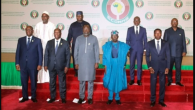 Nigeria's President, Bola Ahmed Tinubu, (fourth left) poses for a group photo with other ECOWAS leaders