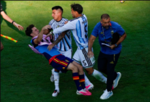 Argentina's Leandro Paredes push Spain substitute Gavi after the final whistle