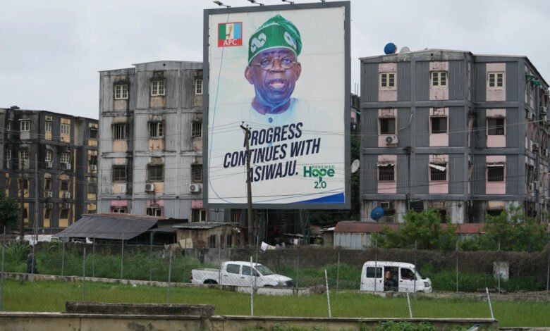 A poster of Nigerian President Bola Tinubu seen on a building in Lagos, Nigeria