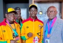 Amadu with President of the GOC and the Commonwealth Games Association of Ghana, Mr Richard Akpokavie right and coach Asare