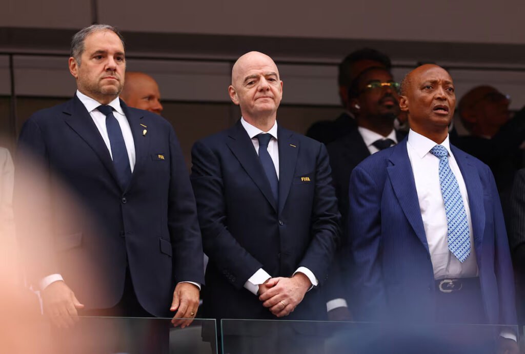 CONCACAF President Victor Montagliani, FIFA President Gianni Infantino and CAF President Patrice Motsepe