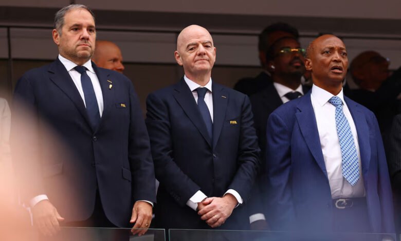 CONCACAF President Victor Montagliani, FIFA President Gianni Infantino and CAF President Patrice Motsepe