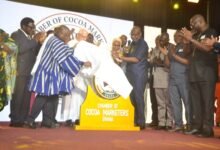 -Mr Abbey (fourth from right) being assisted by Naa Dr Alhassan (left) and other dignitaries to launch the Chamber Photo Victor A. Buxton