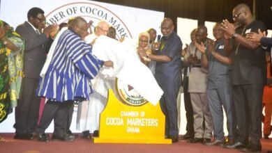 Mr Abbey (fourth from right) being assisted by Naa Dr Alhassan (left) and other dignitaries to launch the Chamber Photo Victor A. Buxton