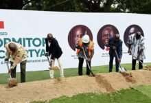 Mr Haruna Iddrisu (second from left) cutting the sod with Mr Paul Adjei (second from right) and other stakeholders at the ceremony