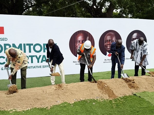 Mr Haruna Iddrisu (second from left) cutting the sod with Mr Paul Adjei (second from right) and other stakeholders at the ceremony