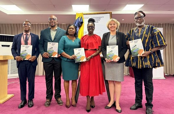 GSE launches updated sustainability ------Ms Amoah (third from right), Dr Avedzi (right) and other dignitaries launching the document