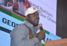 Mr Addo (inset) addressing participants at the forum Phot Victor A. Buxton (3)...