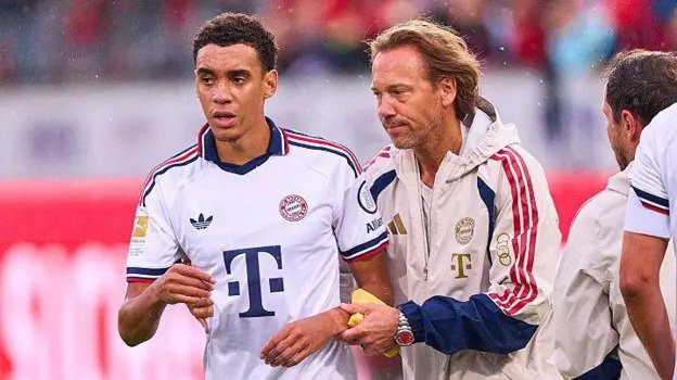 Jamal Musiala being helped off the pitch on Tuesday