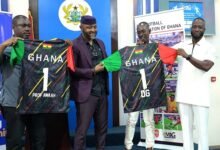 Mr Ampofo Ankrah (second left) together with MAG and Suniel officials unveiling the kits