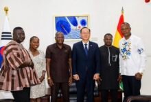 Mr Lartey Otu (third left) and Mr Kyongsig (third right) flanked by members of the GTF Executive