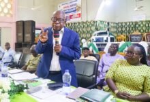 Nkrankwanta Community Bank Pix------Mr Agyeman-Manu addressing the shareholders at the event