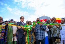 President Mahama (third from right) supported by other dignitaries to cut the tape to inaugurate the Northshore Apparel Ghana Limited facility at Savelugu