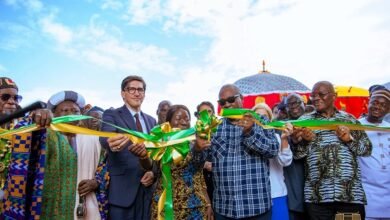 President Mahama (third from right) supported by other dignitaries to cut the tape to inaugurate the Northshore Apparel Ghana Limited facility at Savelugu