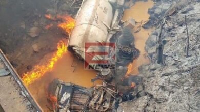 A fuel tanker engulfed in flames