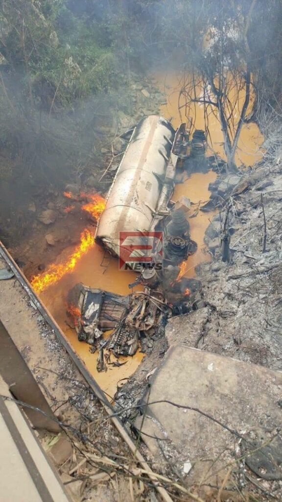 A fuel tanker engulfed in flames