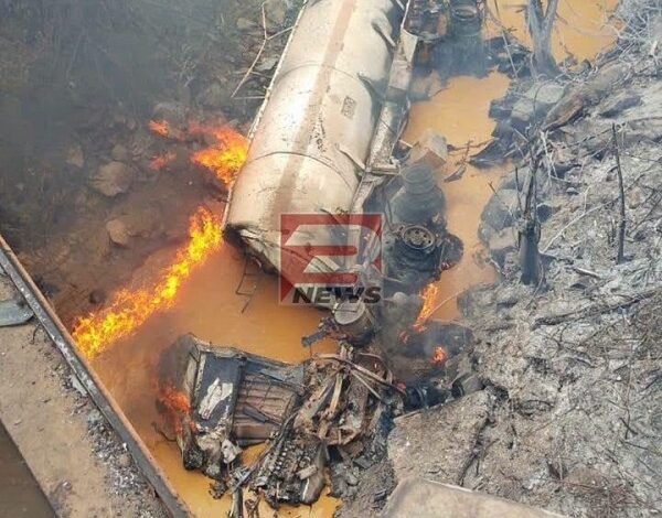 A fuel tanker engulfed in flames