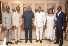 Pres Mahama commends Wengam ------President Mahama (third from left) with Rev. Wengam (third from right) and other Executive Presbytery officers after the visit