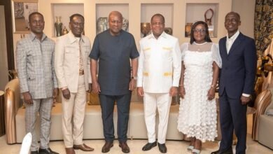 Pres Mahama commends Wengam ------President Mahama (third from left) with Rev. Wengam (third from right) and other Executive Presbytery officers after the visit