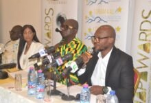 Mr Odunowo (right) speaking at the event. With him are Mrs Weisinger (second from left) and Nana Dr Agyenim Boateng I (middle) Photo Victor A. Buxton