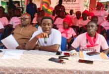 Nana Ansah (middle) speaking at the programme. With him are Mr Kwabena Bonsu (left) and Mr Ebenezer Benful