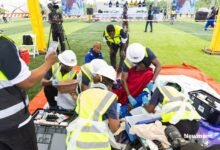 St. John Ambulance personnel demonstrating first aid techniques at the Inter-Mines First Aid and Safety Competition in Kenyasi