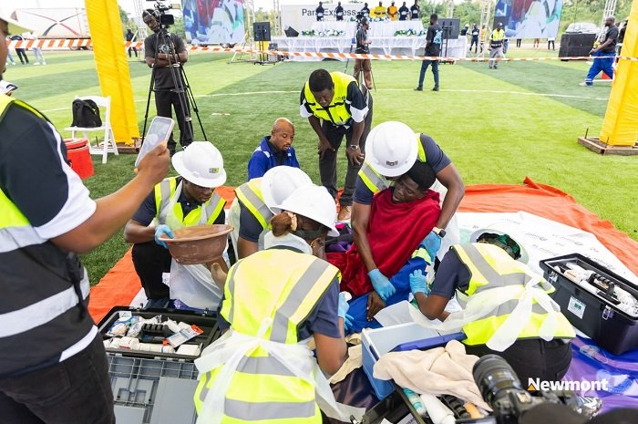 St. John Ambulance personnel demonstrating first aid techniques at the Inter-Mines First Aid and Safety Competition in Kenyasi