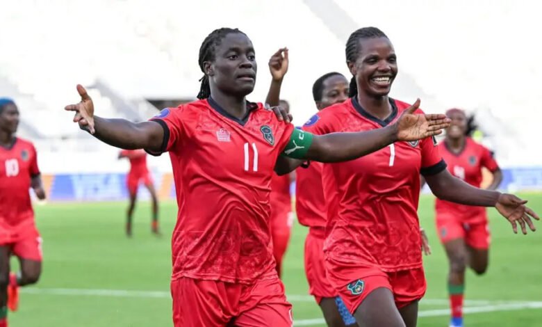 Tabitha Chawinga (left) scored two goals to lead her team into the finals