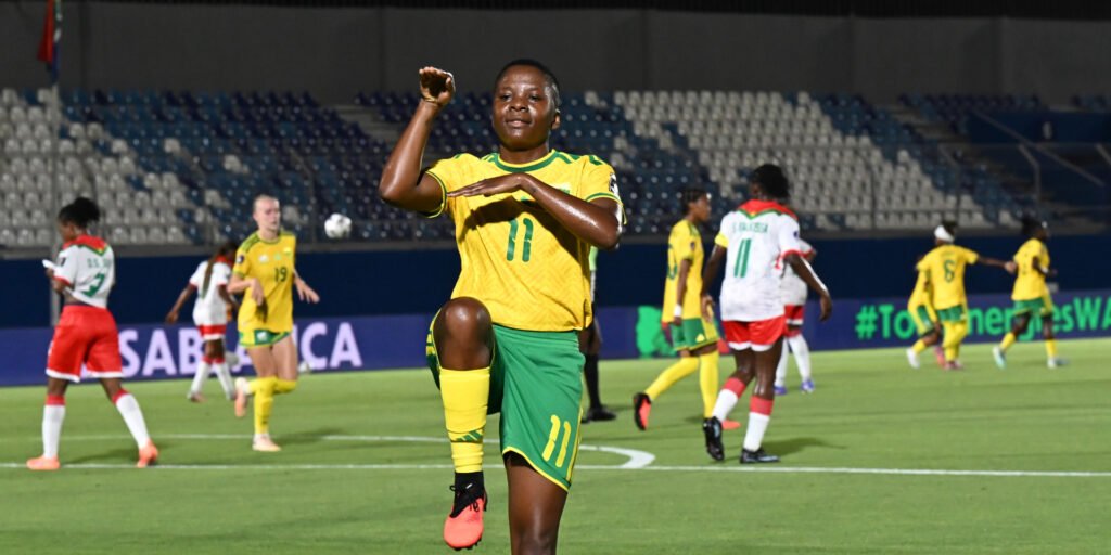 Thembi Kgatlana of South Africa celebrates goal during the 2026 Womens Africa Cup of Nations match between Burkina Faso and South Africa at Moulay Rachid Stadium in Casablanca, Morocco on 04 August 2026 ©Sydney Mahlangu/BackpagePix
