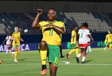 Thembi Kgatlana of South Africa celebrates goal during the 2026 Womens Africa Cup of Nations match between Burkina Faso and South Africa at Moulay Rachid Stadium in Casablanca, Morocco on 04 August 2026 ©Sydney Mahlangu/BackpagePix